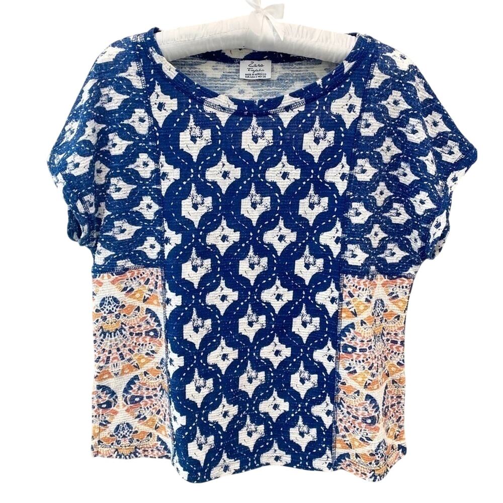 ZARA Trafaluc Boho Mixed Print Blue White Patchwork Short Sleeve Top Small